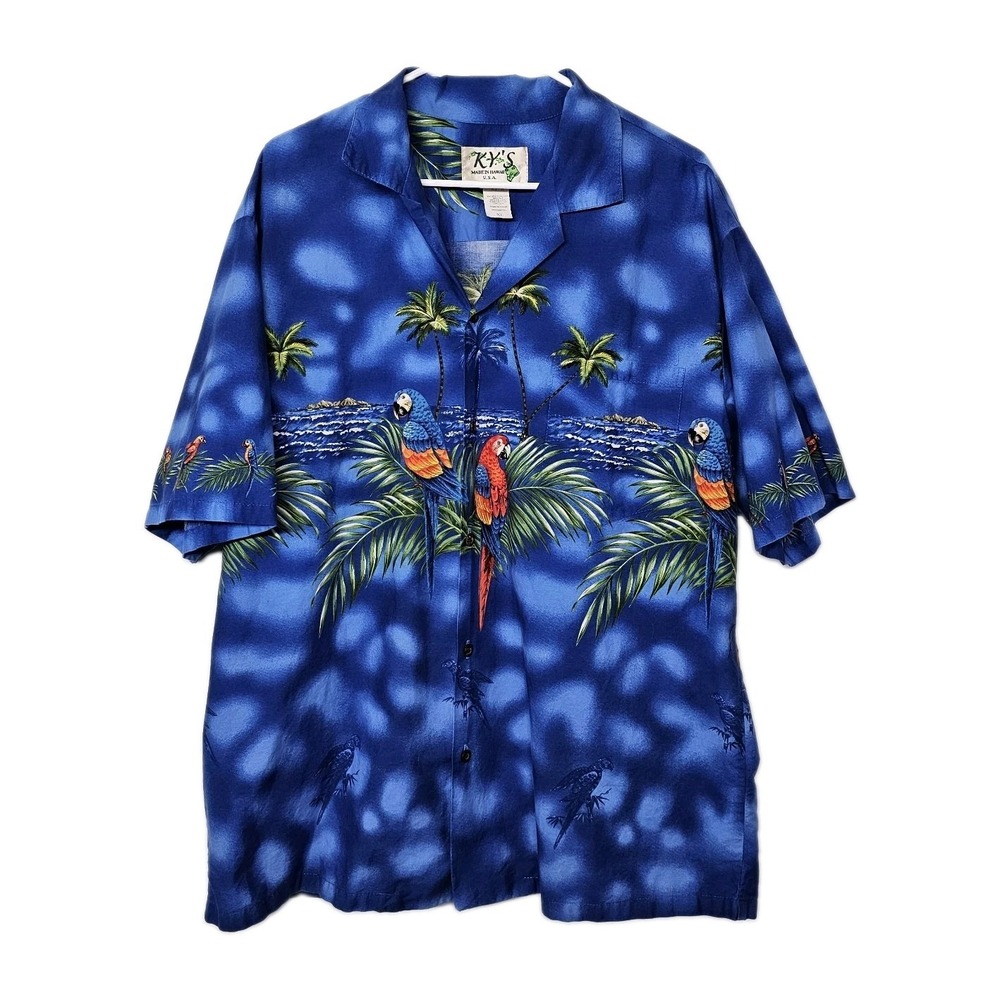 Vtg KY's Floral Hawaiian Shirt Made in Hawaii Blue Parrot XL 100% Cotton EUC